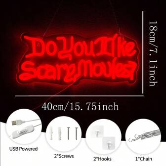 ¿Te gustan las películas de miedo? Letrero de neón, luz de neón LED rojo gótico para decoración de noche de cine, decoración de ambiente para fiestas de Halloween, adecuado para salas de cine de terror, dormitorios, fiestas de Halloween, hogares, bares, sótanos, alimentado por USB y puede reutilizarse, incluye accesorios y es fácil de instalar.