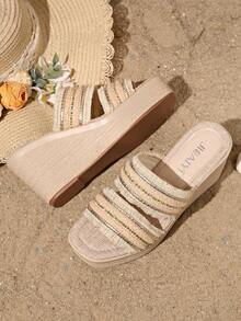 Summer High Platform Waterproof Wedge Heel Rhinestone Decor Braided Strap Slip-On Sandals For Women, Super High Heel - Khaki - View 7