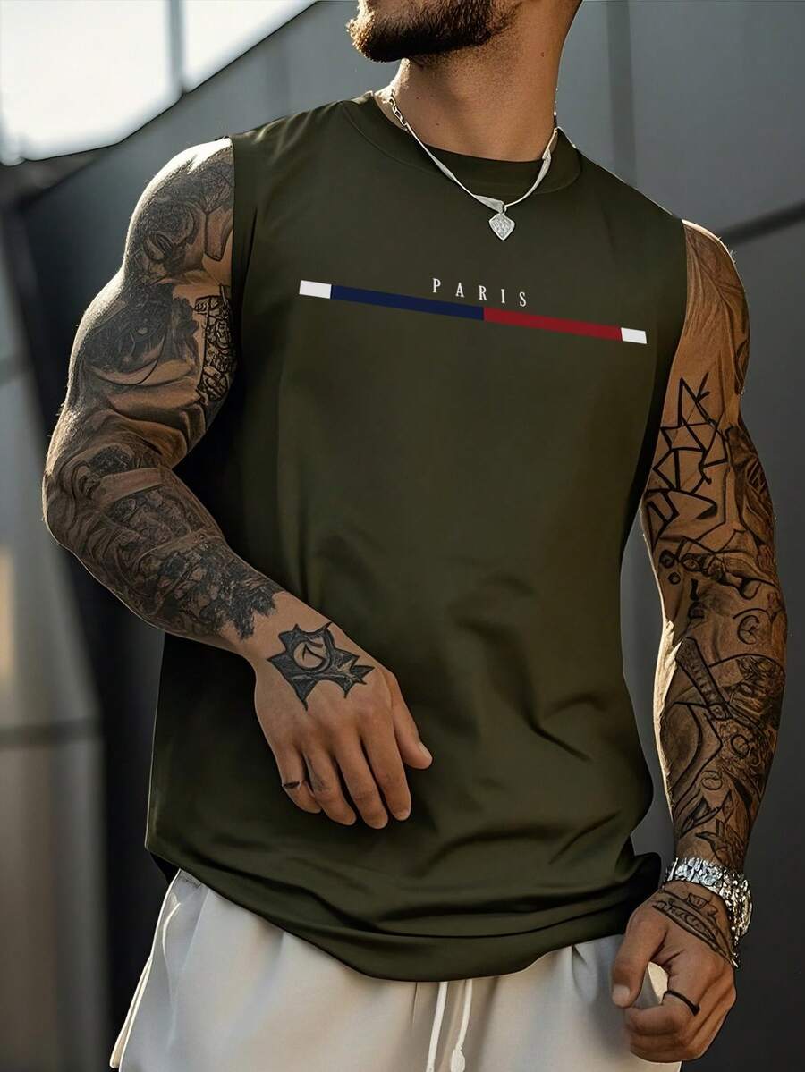 Men's Casual Letter Print Tank Top, Summer - Army Green - View 1