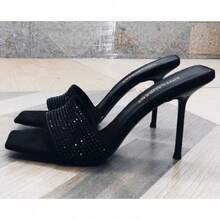 Women's Black Square - Toe Sandals With Rhinestones And One - Strap, High Heel, Summer Slides - Black - View 1