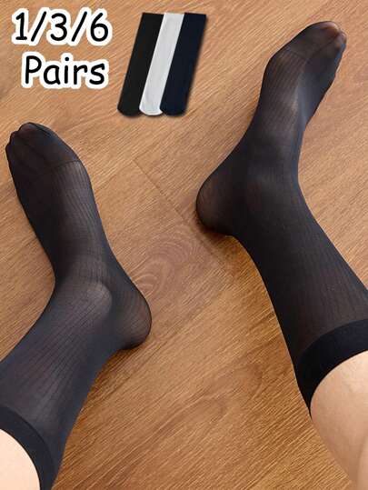 1/3/6 Pairs Men's Vertical Striped Socks In Black, White, Blue, Thin Leg Stockings For Spring, Summer, Autumn, Breathable Black Business Long Socks