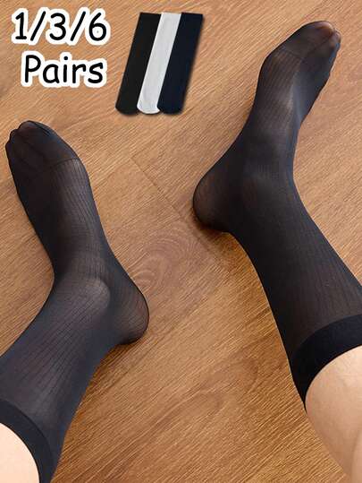 1/3/6 Pairs Men's Vertical Striped Socks In Black, White, Blue, Thin Leg Stockings For Spring, Summer, Autumn, Breathable Black Business Long Socks, Cozy