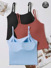 3 piezas Mujeres Camisola de unicolor acanalado con busto acolchado, top de tank casual y sexy crop