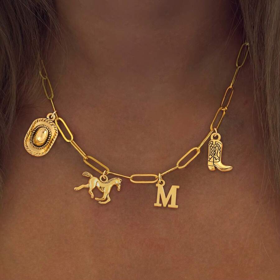 1pc New Classic Letter Western Cowboy Boot Hat Horse Pendant Gold Stainless Steel Paperclip Chain Necklace, Women - Yellow Gold - View 1