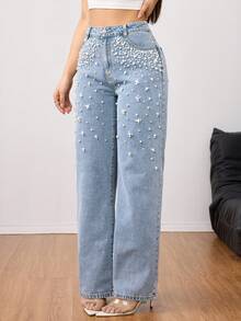 优雅珍珠装饰水洗直筒牛仔裤 - 奢华时尚女式牛仔裤 - 春季时尚服饰 - 淺色水洗藍 - 查看 3