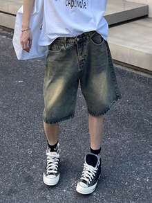 男士印花斜插袋牛仔短裤，修身直筒及膝短裤，夏季薄面料，emo 风格