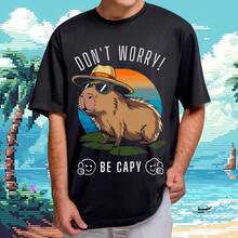 Playera Unisex Oversize con Estampado de Capibara Dont worry be Capy | Diseño Urbano y Comodo | Streetwear, Festivales y Uso Diario | Algodón Peinado y Corte Holgado  | Ideal para Outfits Casuales, Fiestas o Regalos - Negro - Ver 3