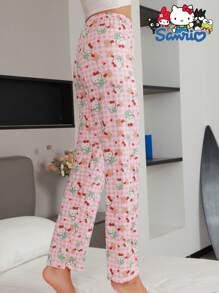 1 pieza Pantalón de pijama para mujer de Sanrio Hello Kitty - Pijama cómodo de dibujos animados, mezcla suave de poliéster y spandex, opaco, cómodo para todas las estaciones, color rosa, pantalón de estar por casa suave y acogedor, ideal para regalo de cumpleaños, fiestas y vacaciones