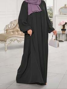 1 chiếc váy Abaya đơn giản, thiết kế xếp ly phía trước và tay áo, thời trang, áo choàng thường ngày đa năng, phù hợp cho mọi dịp, cầu nguyện - màu đen - Xem 3