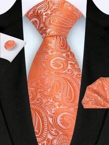 3pcs Set: 8cm Orange Paisley Pattern Tie, Pocket Square And Cufflinks, High-Quality Classic Fashion Business Casual Tie Set, Suitable For Men's Weddings, Family Gifts, Christmas Gifts, Party Gifts - Orange - View 1