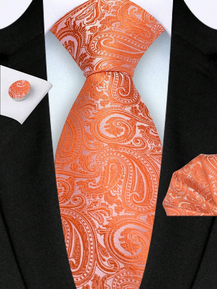 3pcs Set: 8cm Orange Paisley Pattern Tie, Pocket Square And Cufflinks, High-Quality Classic Fashion Business Casual Tie Set, Suitable For Men's Weddings, Family Gifts, Christmas Gifts, Party Gifts - Orange - View 1