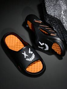Men's Fashion Ombre Print Casual Streetwear Outdoor Sports Slippers, Indoor Home Shower Non-Slip Thick Massaging Sole Comfortable Sandals, Unisex Couple Slippers, Plus Size - Black Orange - View 3
