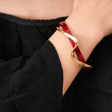 1pc Women's Double Layer Open Bangle Bracelet, Simple Versatile Fashion Retro High-End Accessory - Burgundy - View 1
