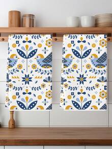 2 件装花卉厨房巾水彩春花鸟农舍洗碗巾厨房洗碗巾手茶巾厨房擦干洗碗巾适用于厨房餐桌