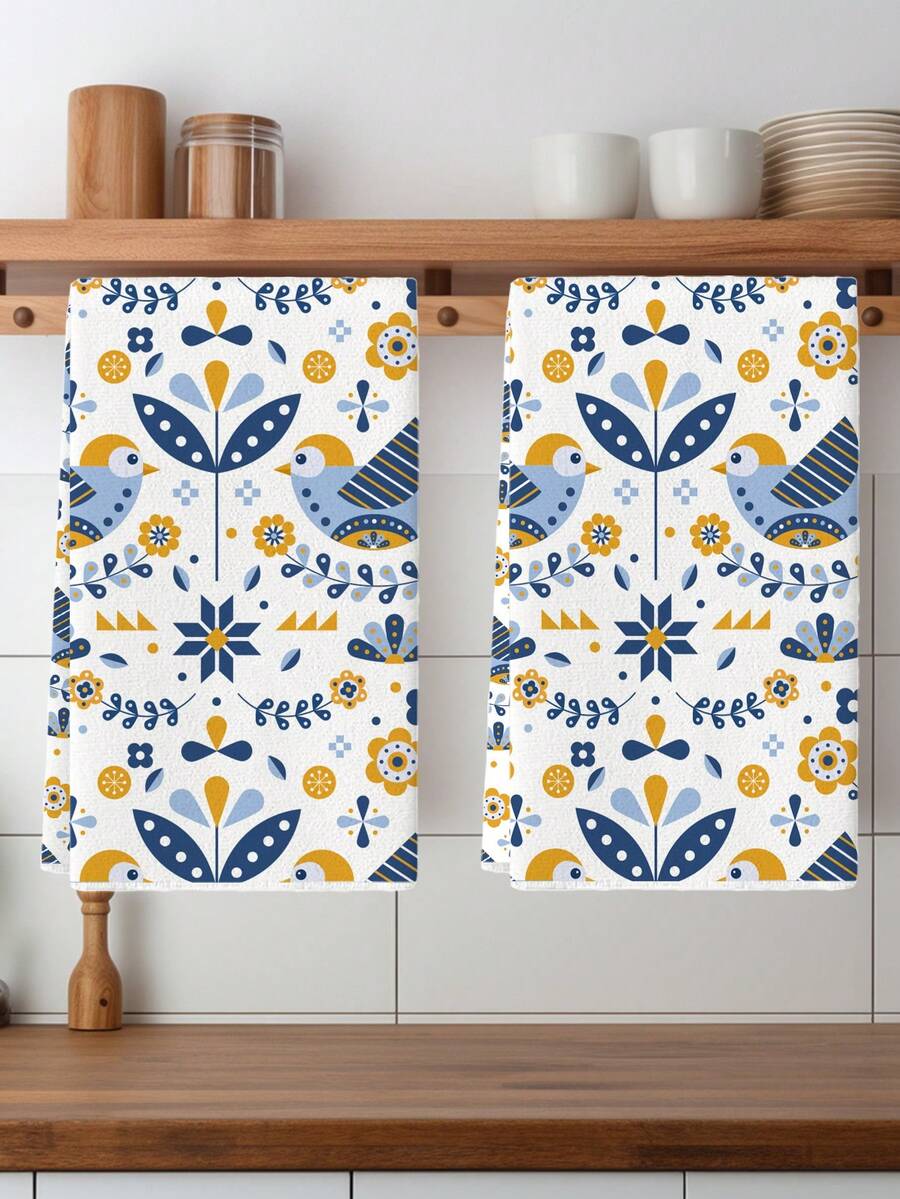 2 件装花卉厨房巾水彩春花鸟农舍洗碗巾厨房洗碗巾手茶巾厨房擦干洗碗巾适用于厨房餐桌