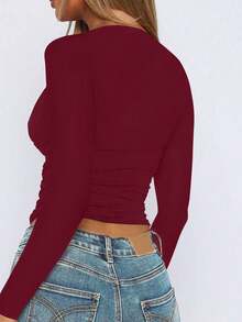 Fashionable V-Neck Tight Fit Long Sleeve Base Layer Top, New Spring/Summer - Burgundy - View 4