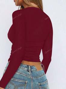 Top ajustado de manga larga con cuello en V, capa base de estilo elegante, nueva colección primavera/verano