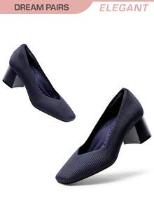 Women's Square Toe Chunky Heels Pumps Comfortable Knitted Closed Toe Fashionable Elegant Casual Holiday Work Dress Shoes - 藏蓝色 - 查看 1