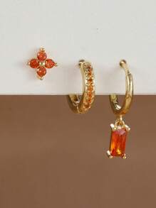 3 pièces Set de boucles d'oreilles pendantes à la mode avec zirconium orange pour femmes. Boucles d'oreilles à fleurs pendantes en acier inoxydable. Bijoux de piercing
