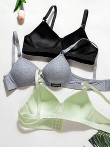 3pcs/Set Teen GirlRibbed Triangle Cup Bras, Comfortable & Breathable, Suitable For 13-16 Years Old - Multicolor - View 3