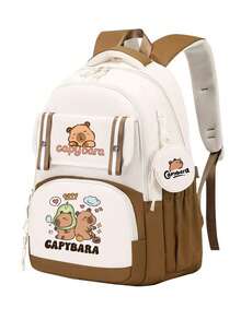 Extra Large Capybara Print Backpack - Cute Patchwork Design, Nylon Material, Lightweight Student Backpack Suitable For High School And College, Korean Style