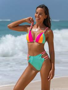 popvil Triangle Braid Color Block Side Cutout Bikini Set For Beach Vacation Pool Party - Green - View 7