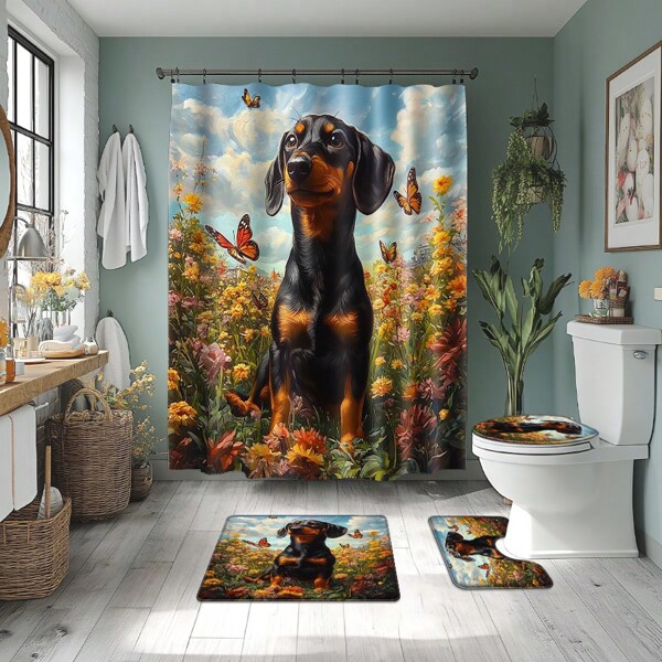 1PC/4pcs Swimming Dachshunds, Dogs In The Garden Funny Shower Curtains For Bathroom,Shower Curtain Set Stylish And Functional Printing Shower Curtain Set For Home Decoration Every Bathroom Shower Room Bathtub With 12 Hooks Bath Rug Machine Washable Multi-Style Premium