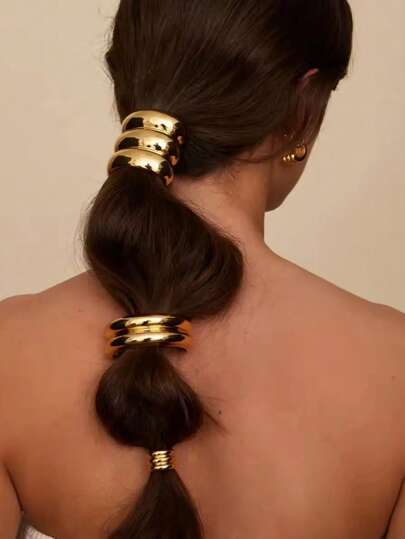 Conjunto de 3 peças de elásticos de cabelo elegantes e versáteis com relevo metálico geométrico, inspirados na Europa e nos Estados Unidos. Ideal para rabos de cavalo com acabamento brilhante e torcido. Perfeito para mulheres, incluindo acessórios para cabelo, ferramentas de cabelo, acessórios de beleza e acessórios para cabelos cacheados. Ideal para viagens e para o outono. Perfeito para presentear mulheres com acessórios para cabelo e presentes de Natal.