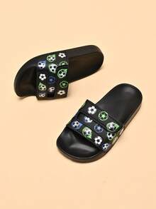 Dép xốp trẻ em, đế mềm chống trượt nhẹ, thiết kế hình bóng đá dễ thương, thích hợp mặc trong nhà/ngoài trời thường ngày, nhanh khô, đế dày màu trơn đơn giản, dép đi biển/bóng rổ cho cả nam và nữ - màu đen - Xem 5