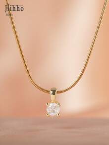 Hihho 1 件时尚方晶锆石和蛇骨链项链，时尚吊坠锁骨链，适合女士 - 金黃色 - 查看 5