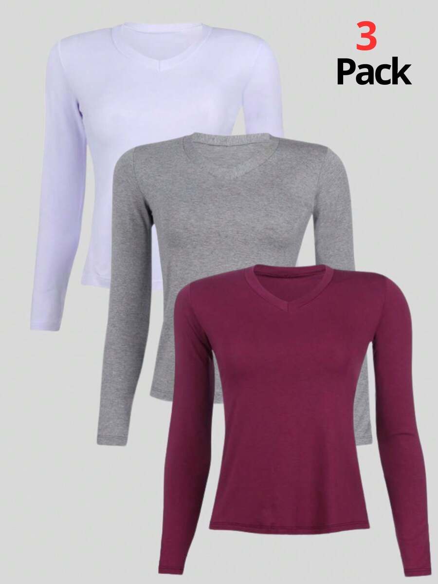 Kit 3 Women's Basic Long Sleeve V-Neck Blouses - 白色/灰色/酒紅色 - 查看 1