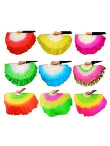 中国短肚皮舞扇子，中式折叠手扇，竹扇面纱，竹舞扇，舞蹈道具，舞蹈扇面纱，人造丝扇子，适用于舞台表演、派对、舞蹈，节日和生日送给朋友和家人的礼物 - 彩色 - 查看 2