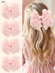 1pc Girls' Mesh Big Bow Hair Clip, Cute Flower Hair Clip, Elegant Solid Pink Hair Barrette, Girls' Alligator Clip, Sweet Hair Accessories - Flower Bow - View 1