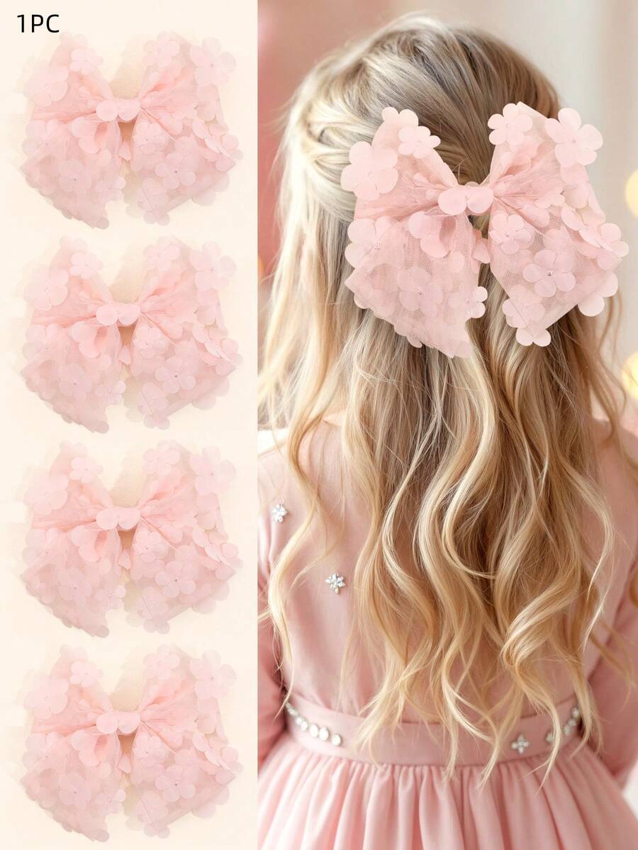 1pc Girls' Mesh Big Bow Hair Clip, Cute Flower Hair Clip, Elegant Solid Pink Hair Barrette, Girls' Alligator Clip, Sweet Hair Accessories - Flower Bow - View 1