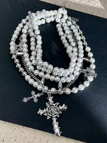 European & American Fashion New Gothic Punk Style Multilayer Necklace Set Vintage Cross Pendant Chain - Silver Cross Layered Necklace - View 11