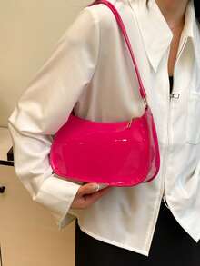 Bolso de hombro con cremallera de unicolor y minimalista, bolso en forma de media luna de moda, bolso de hombro con cremallera de piel sintética de unicolor, monedero burdeos, bolsa de lence - Rosa Fucsia - Ver 5