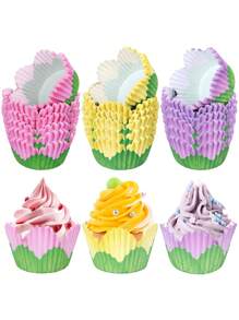 300Pcs Flower Cupcake Liners Spring Summer Flower Baking Cups Pink Purple Yellow Petal Cupcake Wrappers Holders Muffin Liners For Spring Wedding Bridal Shower Birthday Tea Party Decor(Red And Green)