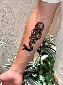 1pc Waterproof Temporary Tattoo, Skull & Snake Design, Dark Style, Personalized, Anti-Sweat, Non-Reflective - Black - View 3