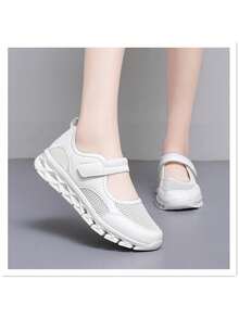 Women's Low Vamp Flat Shoes, 2025 New Mesh Leather Patchwork Hook And Loop Casual Shoes, Lightweight Breathable Dance Shoes/Nurse Shoes/Mom Shoes, Non-Slip Thick Sole Sneakers, Spring/Summer/Autumn - White - View 5