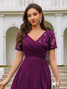 MIUSOL Đầm dạ hội thanh lịch cổ chữ V đính sequin và ren, phối màu tương phản với chất liệu chiffon, chân váy xếp ly, thích hợp cho khách dự đám cưới, tiệc tối trang trọng và các dịp khác trong mùa hè. - Màu Tím - Xem 10