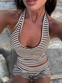 Women's Two Pieces Sports And Leisure Home Halter Vest Shorts Color Striped Suit