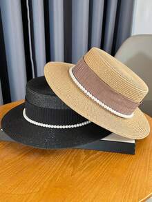 1pc Women Straw Hat, Casual Bohemian Street Elegant French Flat Top Hat, Suitable For Summer Elegant Pearl Straw Beach Sun Hat, Ideal For Gatherings, Outings, Outdoor Use - Multicolor - View 3