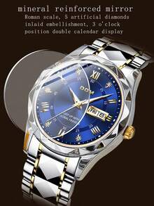 DOM 1pc Men's Business Wrist Watch, Blue Dial, Silver & Gold Steel Strap, With Date Display And Luminous Function, Suitable For Daily Wear, Great Gift For Friends Or Father - Blue - View 5