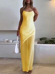 Sexy & Elegant Fitted Satin & Mesh Patchwork Slip Dress, Party Dress, For Cocktail - Yellow - View 3