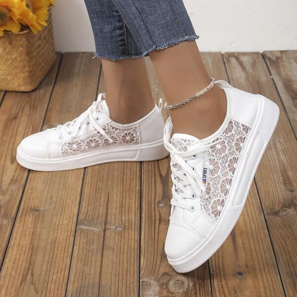 Women's Fashion Casual Shoes, Hollow Breathable Lightweight Lace-Up Comfortable Sneakers, MD Anti-Slip Soft Bottom Lightweight Athletic Running Shoes, Fashionable Elegant Lace Patchwork White Shoes, Flat Daily Casual Walking Shoes, Gym Training Shoes
