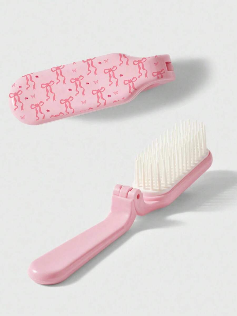 1pc Bow-Knot Printed Foldable Brush, 2-In-1 Portable Hair Comb With Massage Teeth For Women, Convenient Travel & Student Use ,Hair Styling Tools Hair Accessories - Pink - View 1