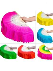 中国短肚皮舞扇子，中式折叠手扇，竹扇面纱，竹舞扇，舞蹈道具，舞蹈扇面纱，人造丝扇子，适用于舞台表演、派对、舞蹈，节日和生日送给朋友和家人的礼物 - 彩色 - 查看 5