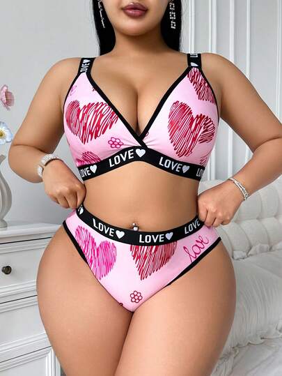女士加大码心形印花舒适内衣套装