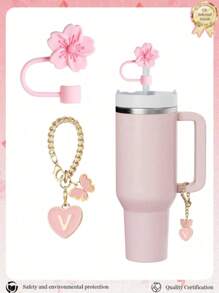 2pcs/Set Accessories For 30-40oz Cups, Pink Letter Cup Marker And Silicone Fuchsia Flower Straw Lid, Silicone Anti-Slip Protective Cover, Reusable 10mm Thick Straw Lid, Cute Letter Decor Fits Modern Minimalist Glass Cups, Back To School Supplies