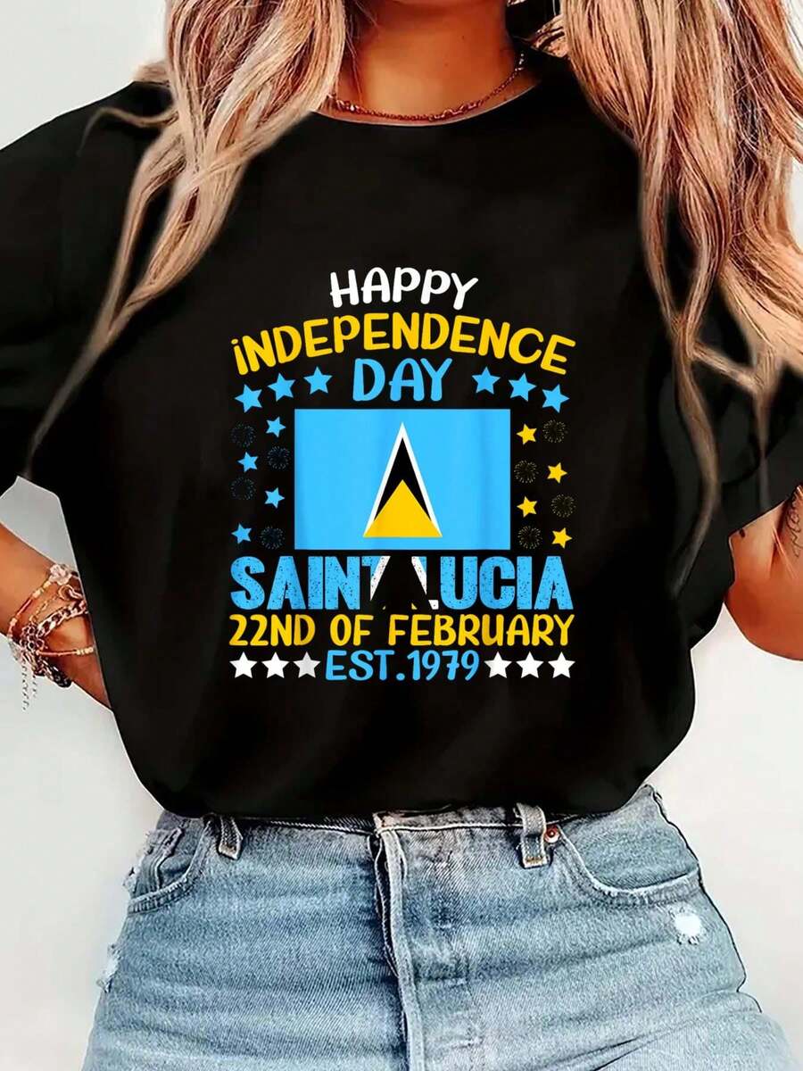 Saint Lucia Independence Day St Lucia 46th Celebration Flag T-Shirt Print T-Shirt Casual Crew Neck Short Sleeve Comfort Tee Top For Spring & Summer Women's Clothing - 黑色 - 查看 1